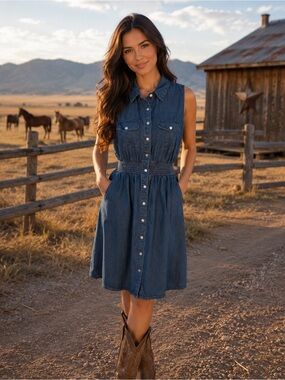 Blue denim Buttoned Polo Collar Midi Sundress